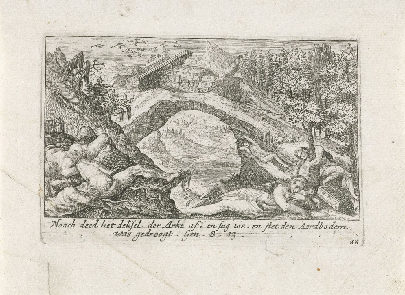 A Arca pousada sobre as montanhas depois do dilúvio, numa gravura holandesa da série Liber Genesis.