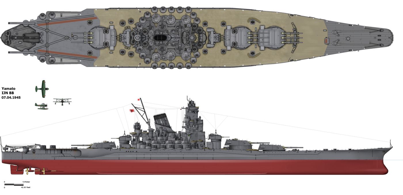 Desenho do Yamato na configuração final, de 7 de abril de 1945, já com o convés coberto de armas antiaéreas.