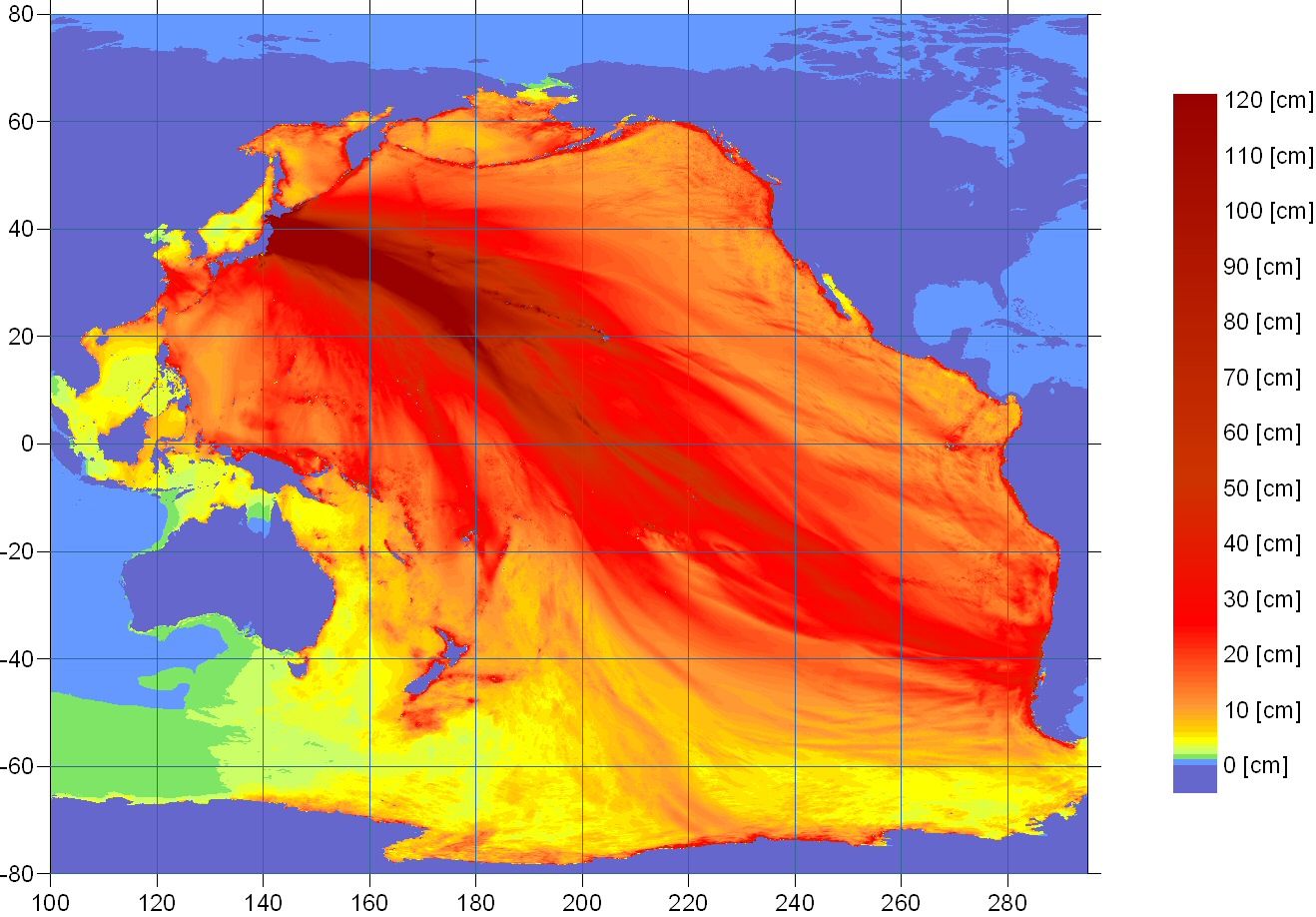 Simulação da NOAA com a energia do tsunami de 2011 se espalhando pelo Pacífico. As cores mais quentes indicam as ondas mais altas.